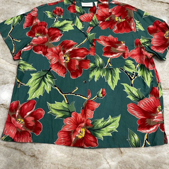 VINTAGE Liz Claiborne Green Tropical Floral Short Sleeve Shirt Rayon Size Large - Picture 3 of 7